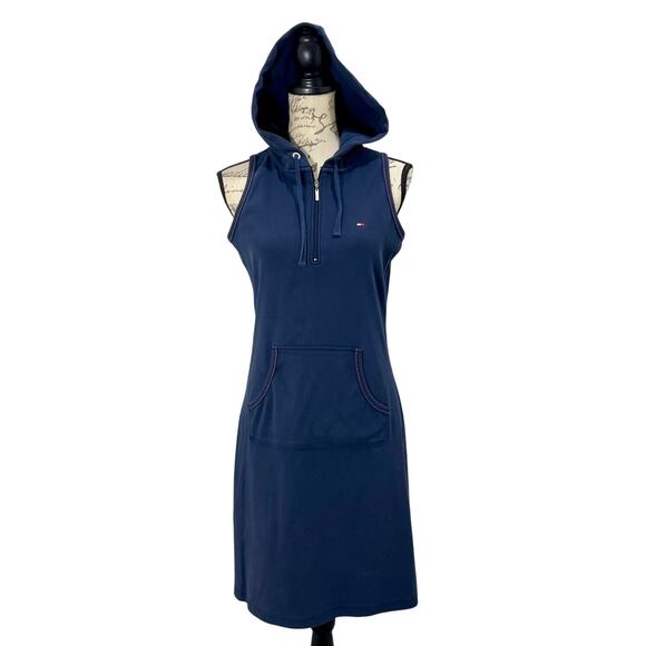 Vintage Y2K Tommy Hilfiger Cotton Hooded Zip Navy Blue Tennis Dress Size Medium - Picture 2 of 10